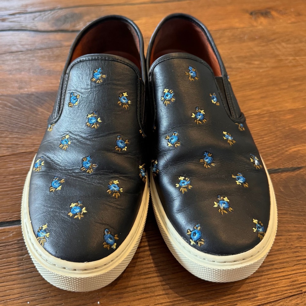 Coach Womens C1387 Black Leather Floral Embroidered Slip On Sneakers Size 10.5 - Picture 3 of 9